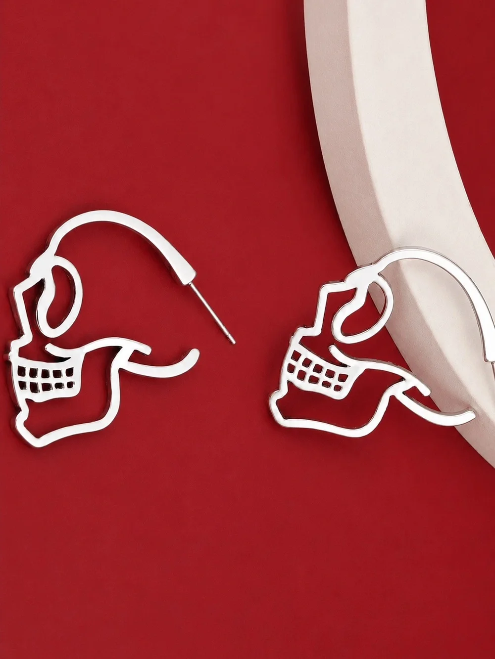 “Skull Profile” Skeleton Outline Cut-Out Hollow Gothic Punk Macabre Silver Hoops